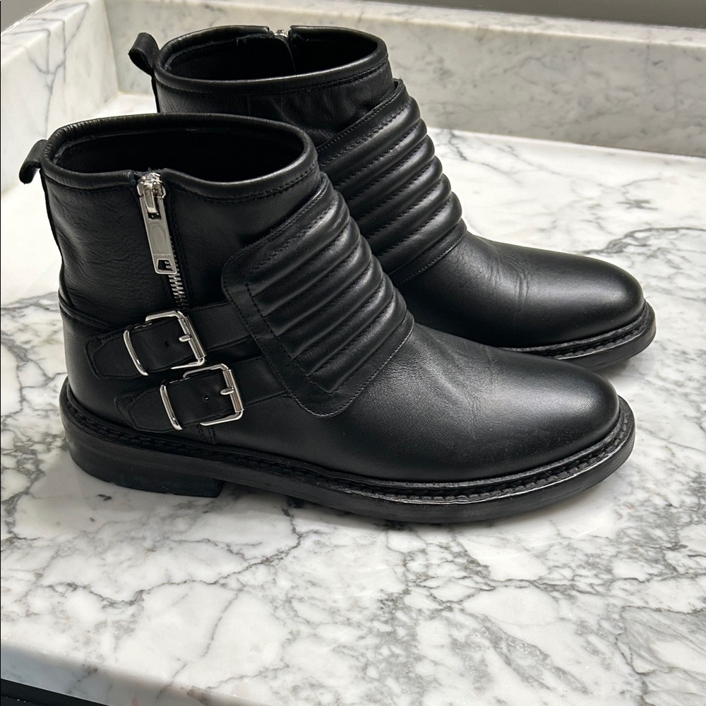 Black Quilted Leather Ankle Boots with Buckles